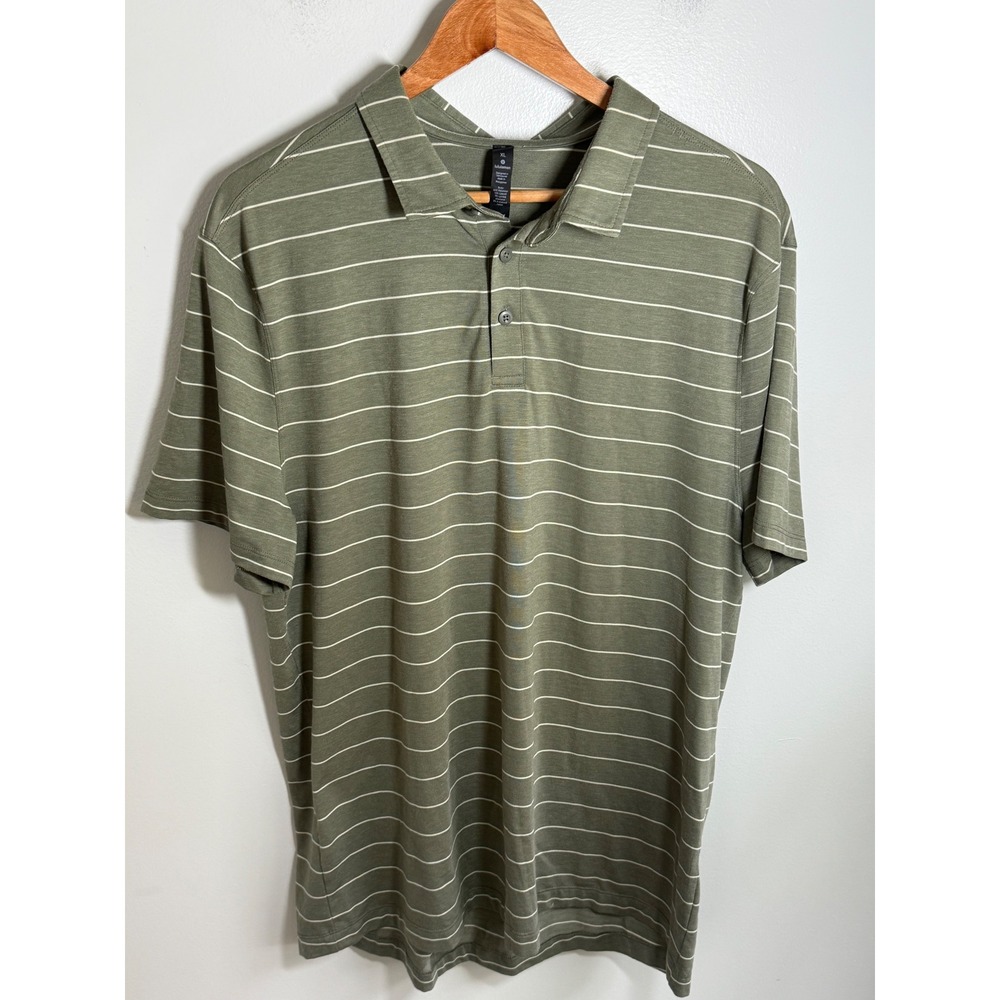 Lululemon Evolution Polo XL Olive Green White Striped Short Sleeve Golf Top